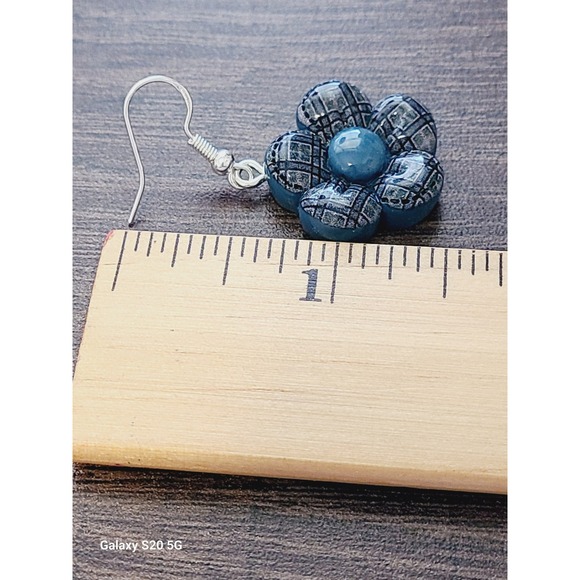 Handmade Blue Plaid Flower Resin Drop Earrings Silver French Hook Floral Dangle - Picture 5 of 9